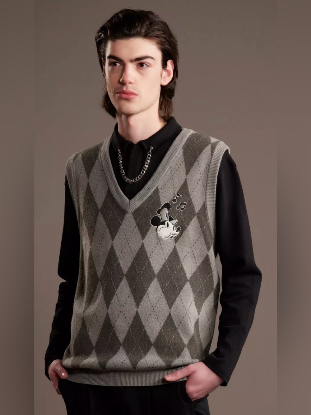 Disney Steamboat Willy Men Gray Argyle Mickey Embroidered Sweater Vest (Medium)